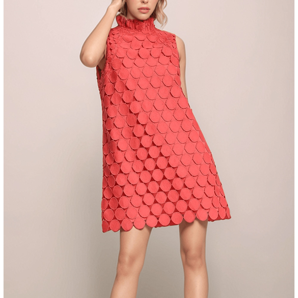 Umgee Coral Polka Dot Lace Mini Dress Ruffle High Neck Lined A-Line NWT S, M